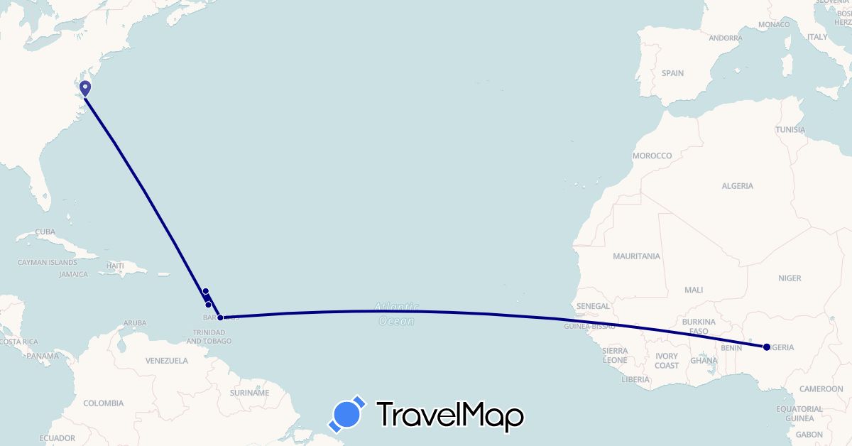TravelMap itinerary: driving in Barbados, France, Nigeria, United States (Africa, Europe, North America)